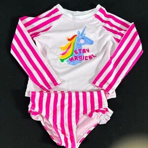 crown & ivy Girls White and Hot Pink Unicorn Rashguard Swim Set